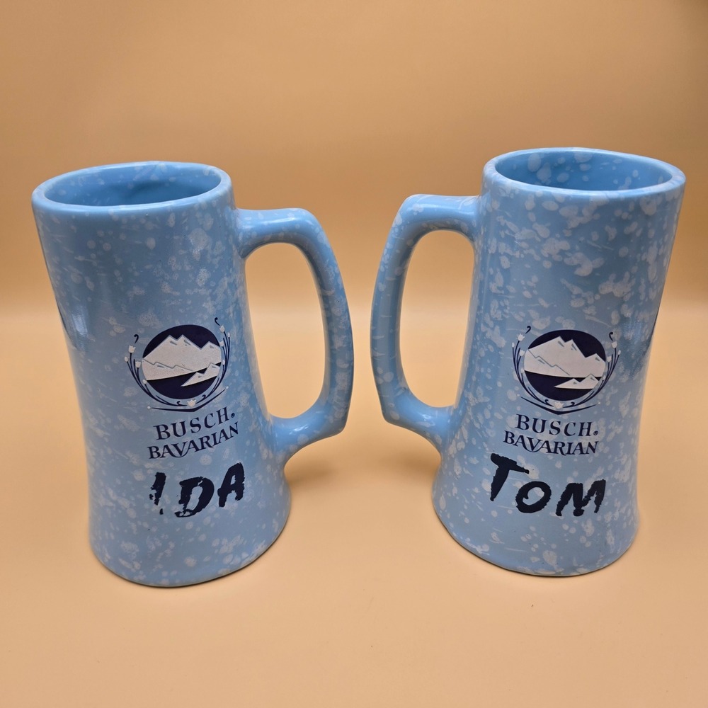 Vintage Busch Bavarian Beer Steins Blue Speckled Ceramic Mugs‎ Tom Ida Set of 2